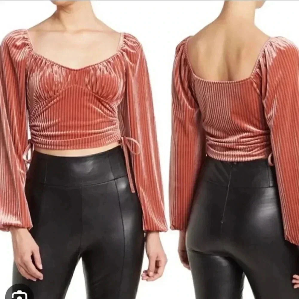 Sophie Rue Women's XS Velvet Long Sleeve Crop Top Tie Sides Polyester Spandex - Picture 3 of 7
